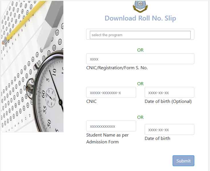 PU Roll No Slip 2026 by CNIC and Registration No