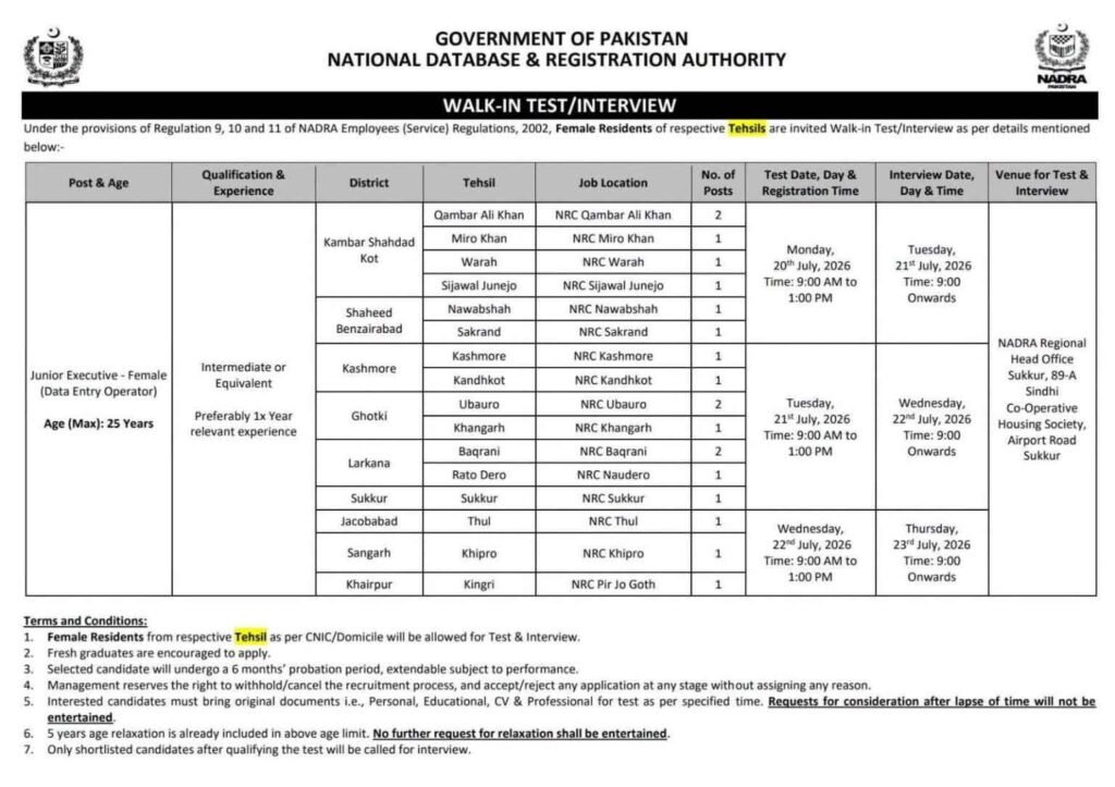 NADRA Jobs Walk-in Test And Interview 2026