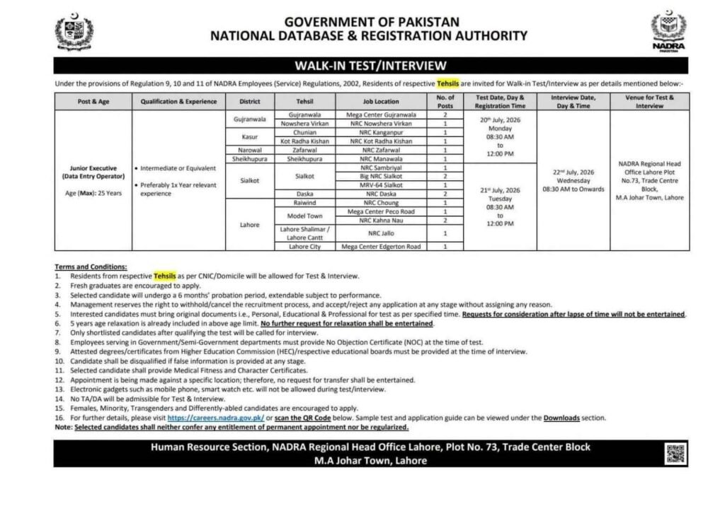 NADRA Walk-in Test & Interview Schedule 2026