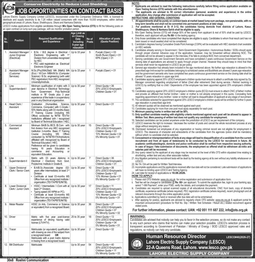 LESCO Jobs Advertisement 2026